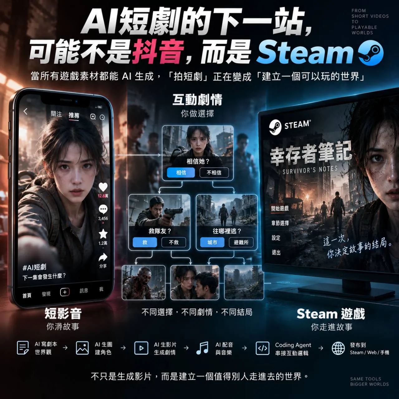 AI 短劇從短影音走向 Steam 互動影遊的資訊圖