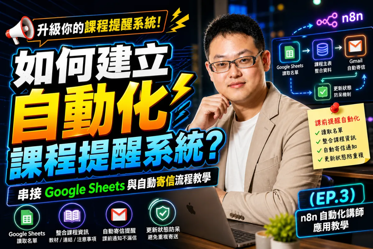 如何建立自動化課程提醒系統？串接 Google Sheets 與自動寄信流程教學 | (EP.3) n8n 自動化講師應用教學