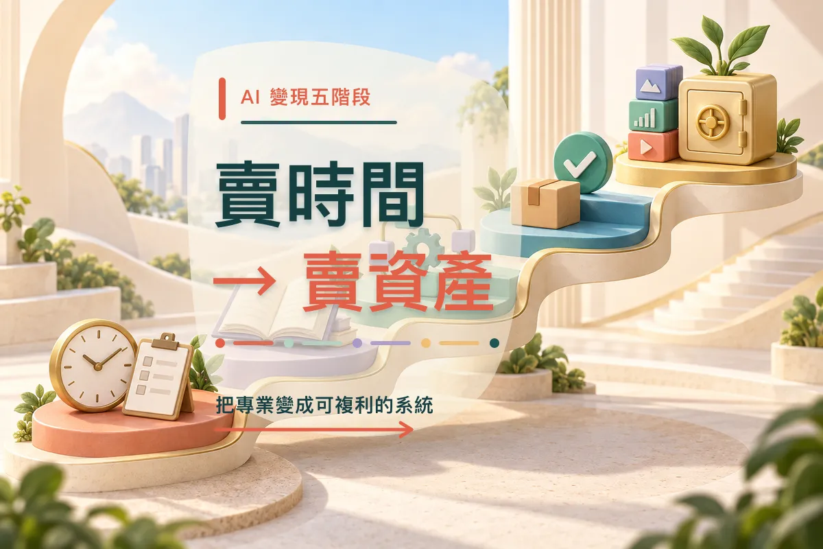 AI 變現五階段：賣時間 → 賣知識 → 賣能力 → 賣結果 → 賣資產