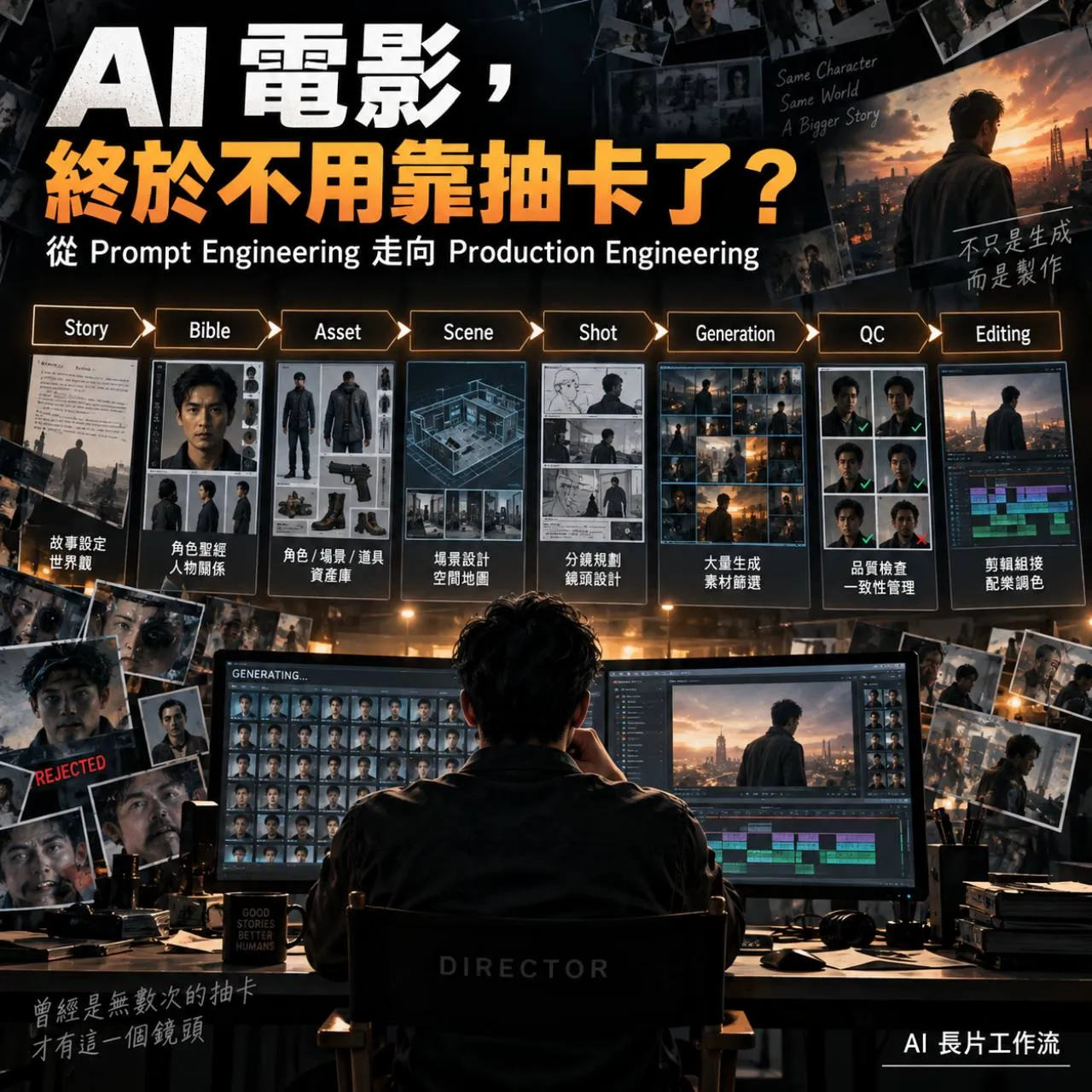 AI 長片從故事與角色資產到場景、鏡頭、生成、品質檢查與剪輯的製片流程示意圖